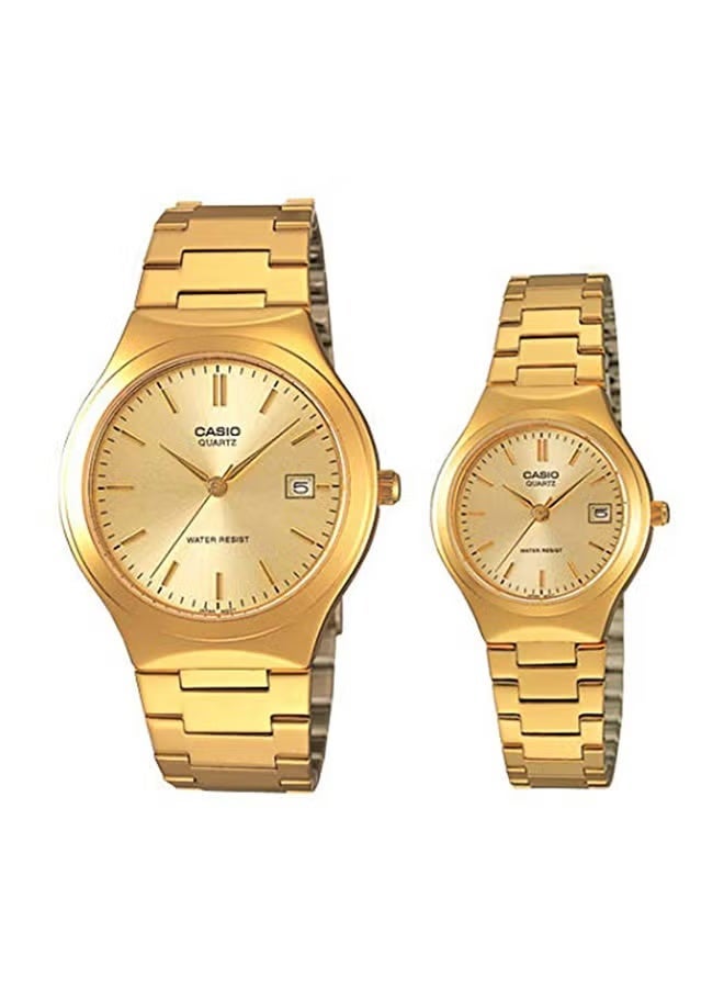 كاسيو ساعة كاسيو للزوجين، مينا ذهبي وسوار من الفولاذ المقاوم للصدأ، موديل MTP/LTP-V1107N-9A - Image 1